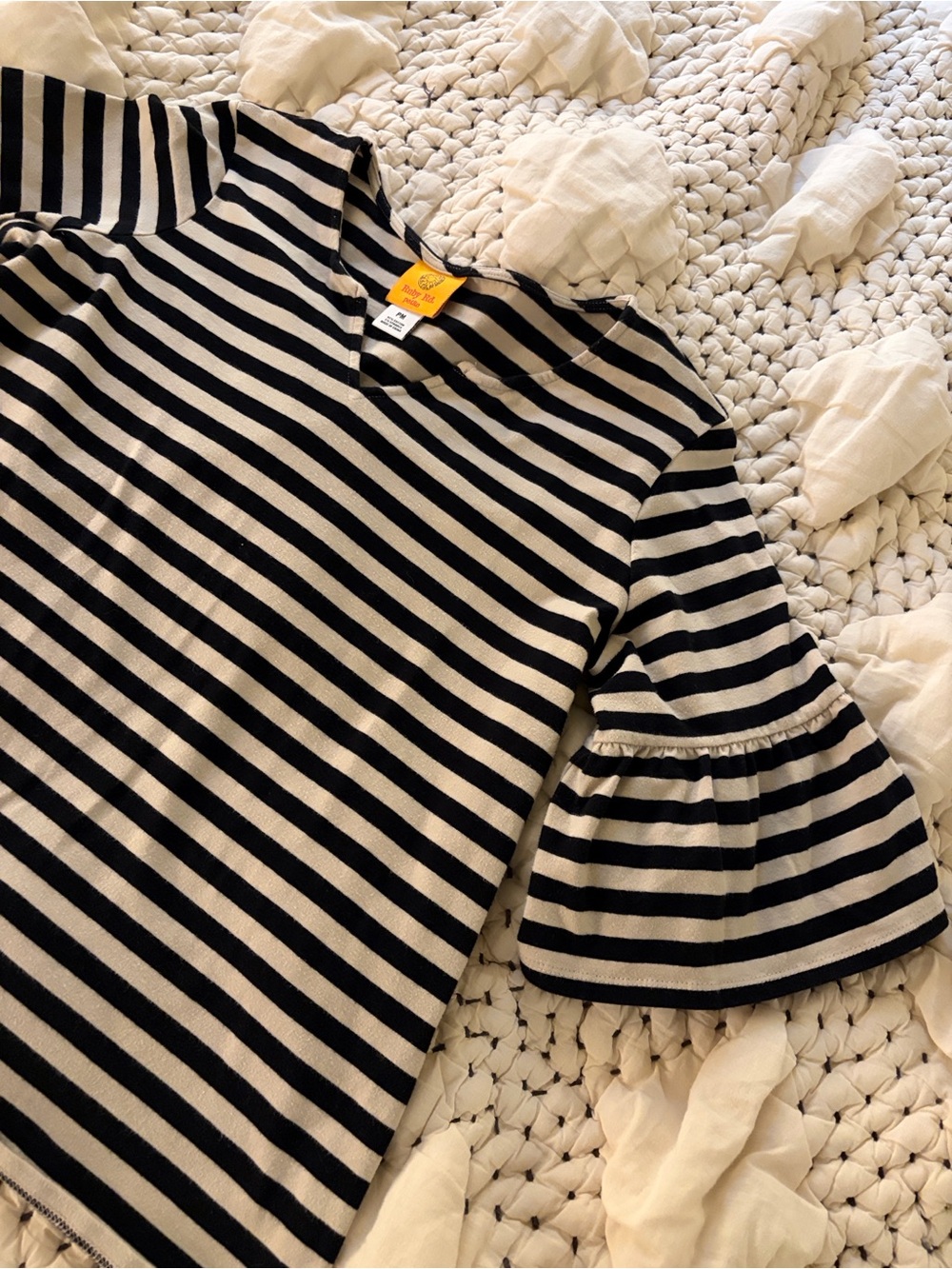 Ruby Rd. Petite Striped Black and Beige Top - Cute Ruffle Sleeves Tee